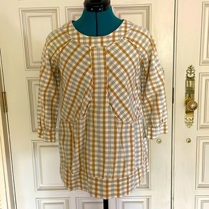 Dear Creatures Tan, White and Light Blue Gingham Cotton Top, Small